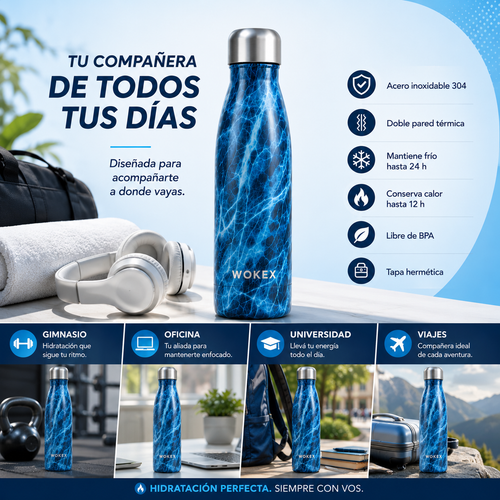 BOTELLA TÉRMICA DE ACERO INOXIDABLE Conservá la temperatura de tus bebidas por más tiempo  Mantiene bebidas frías hasta 24 horas y calientes hasta 12 horas, ideal para acompañarte durante todo el día.
